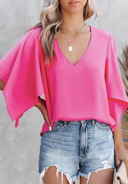 Fuchsia Flounce V-Neck Top