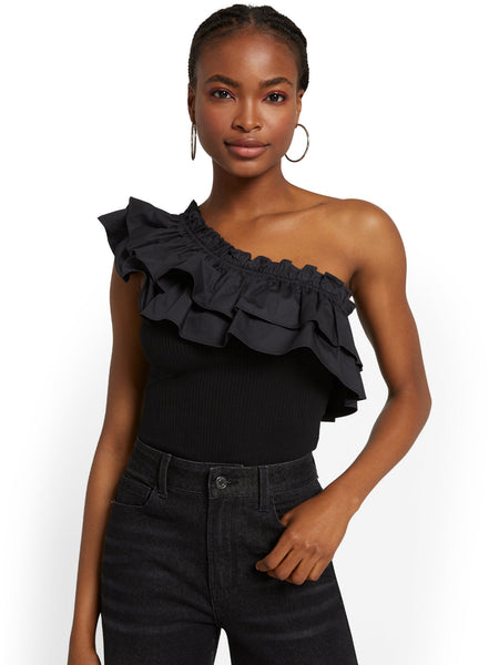 The Trendsetter: Flying Tomato Asymmetric Ruffle Poplin Bodysuit