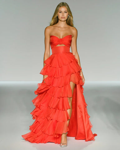 Sherri Hill CORAL Strapless Chiffon Ruffle Gown