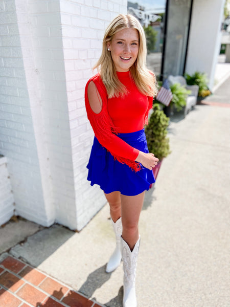 Red fringe top with a cold shoulder