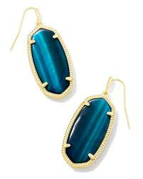 Kendra Scott Elle Gold Drop Earrings feature a teal tiger's stone