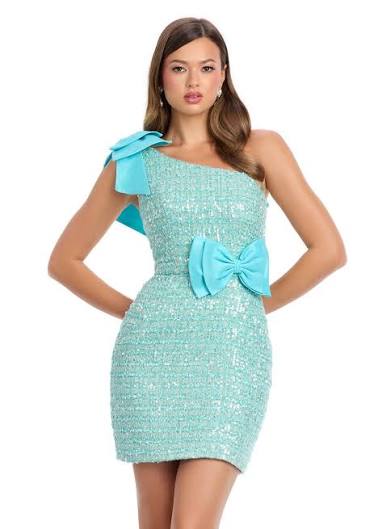 ASHLEYLAUREN BOW TWEED ONE SHOULDER SHORT DRESS 4806 Size 12 Aqua