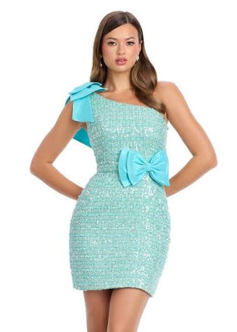 ASHLEYLAUREN BOW TWEED ONE SHOULDER SHORT DRESS 4806 Size 12 Aqua