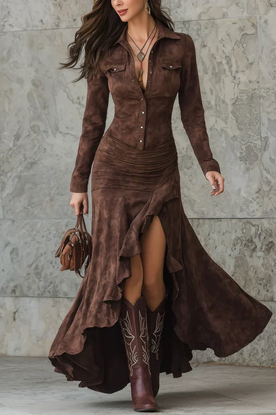 Western Faux Suede Ruffle Maxi Dress