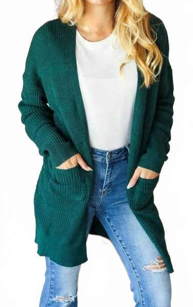 Haptics Stripe Textured Open Front Cardigan with Pockets
