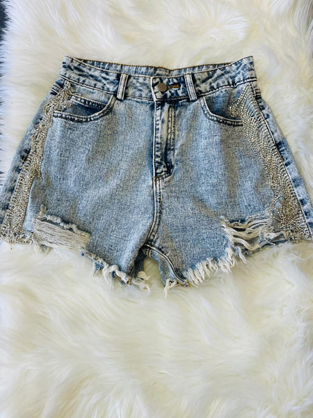Side Rhinestone Denim Shorts