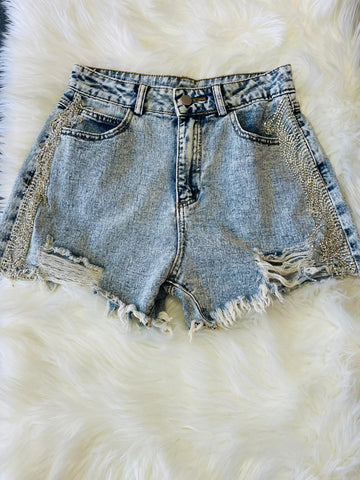 Side Rhinestone Denim Shorts